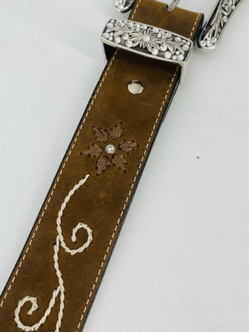 Nocona Belt Co Brown Western Embroidered Leather Belt Large Floral Silver Buckle